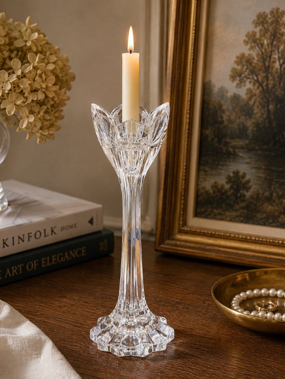 Gorham Crystal Lotus Single Light Candlestick Holder 9" Elegant Floral Design